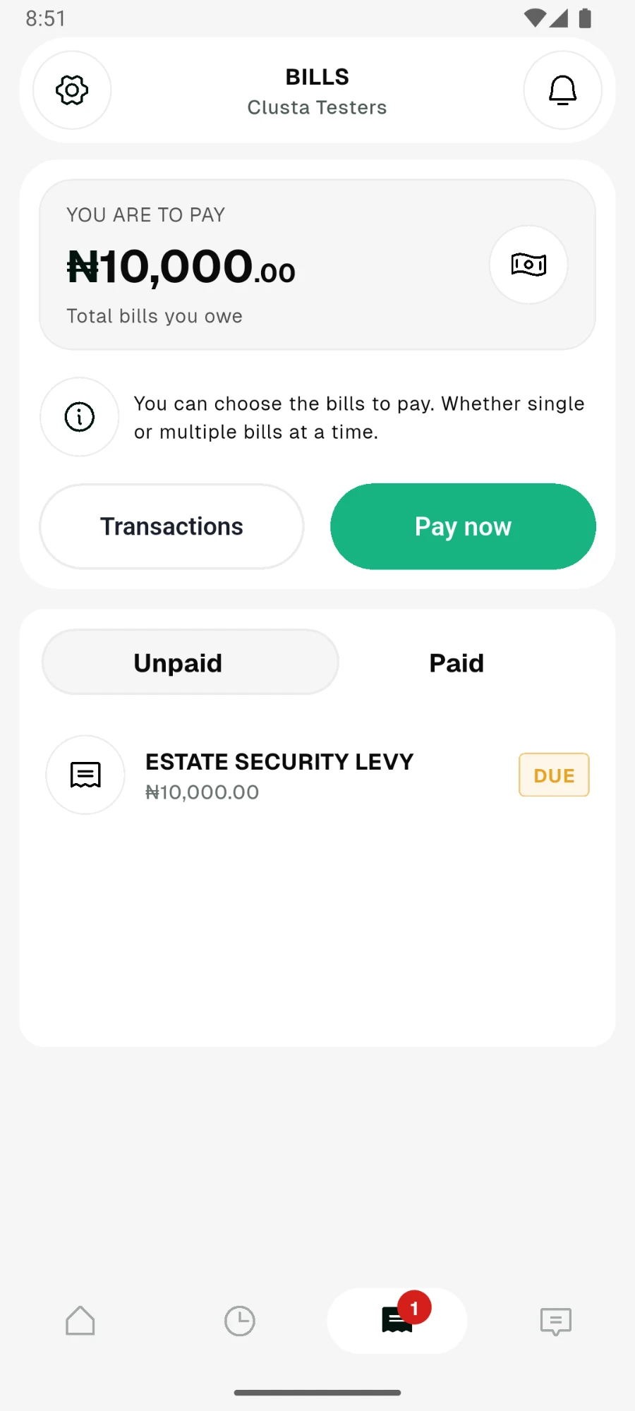 Resident app bills screen showing the amount owed, a pay now button and an unpaid estate security levy