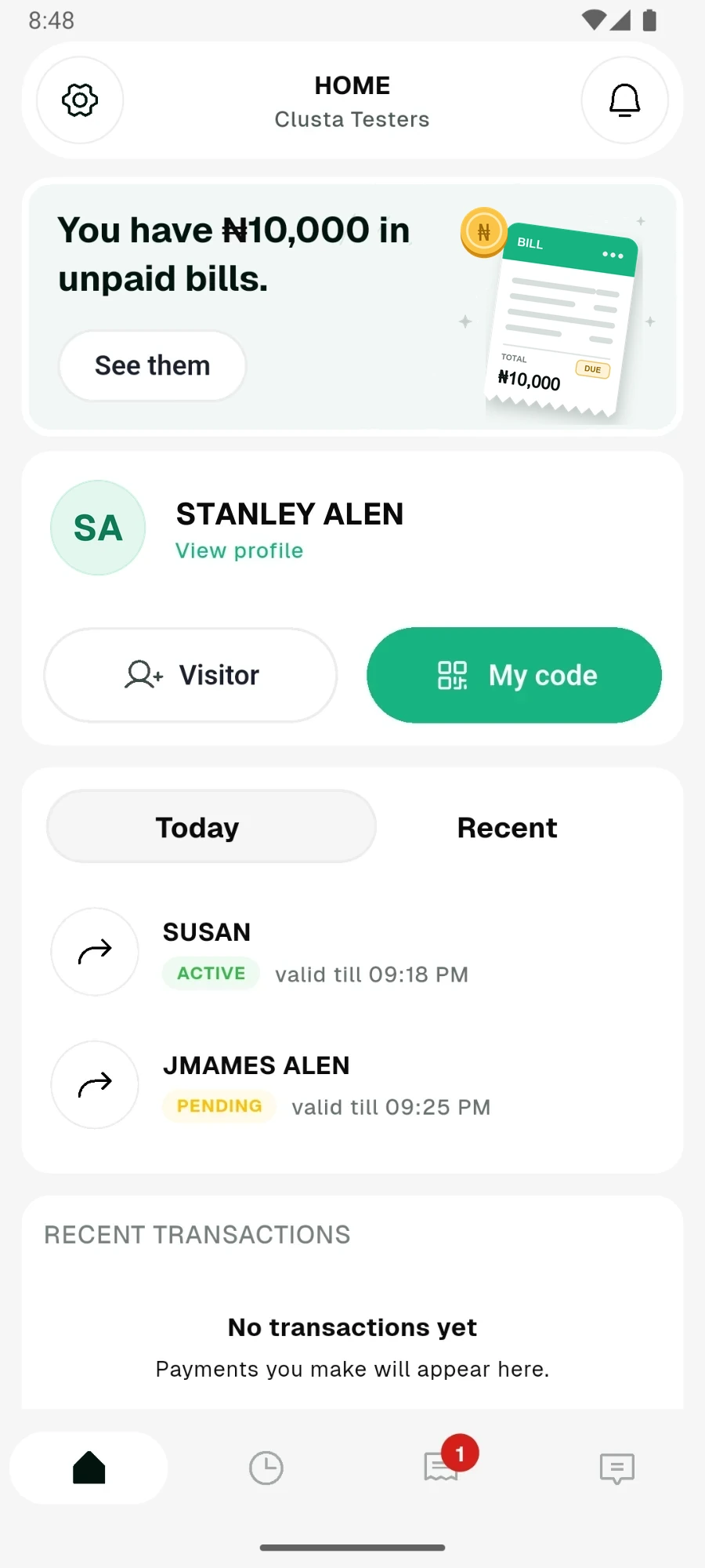 Clusta resident app home screen