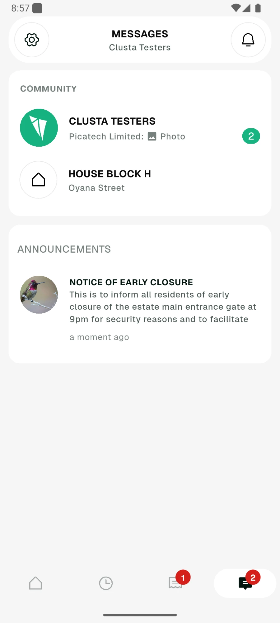 Resident app messages screen with community group chats and an early gate closure announcement